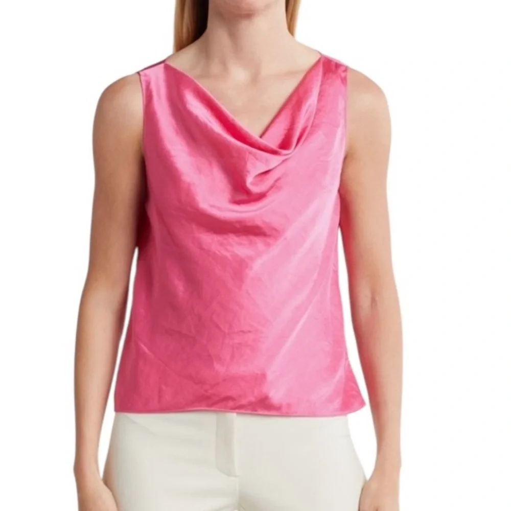 NWT Theory Sleeveless Draped Satin Cowlneck Pink Azalea Shell Size Medium - Picture 2 of 9